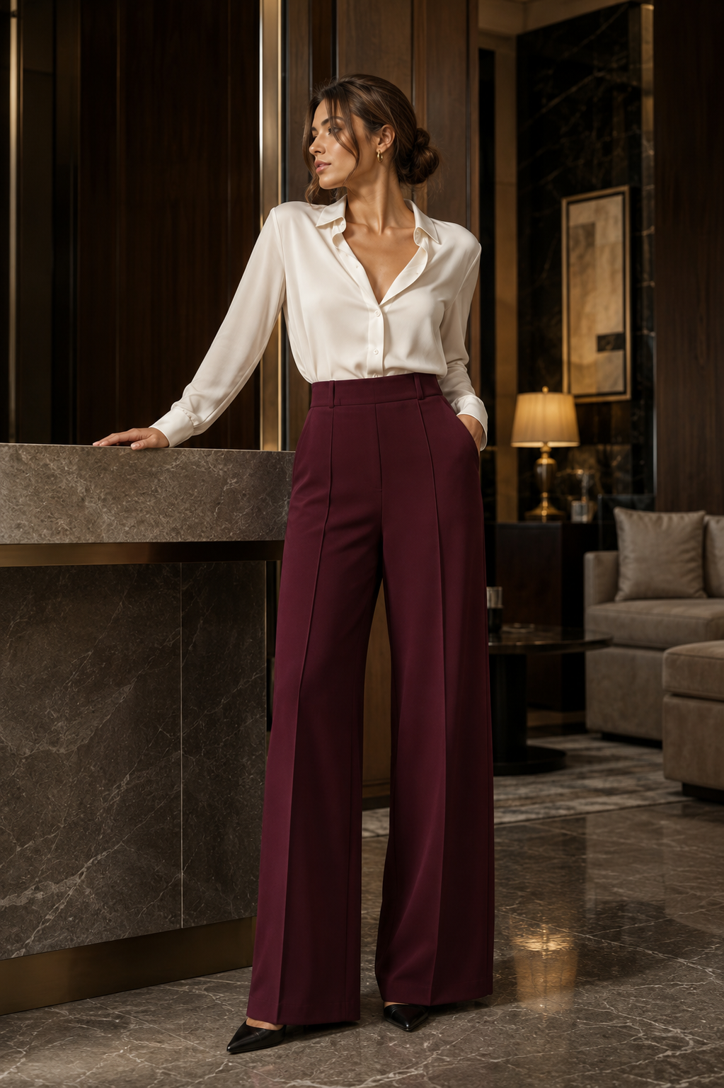 Valmonti - pantalón wide-leg de talle alto en burdeos - Maniere