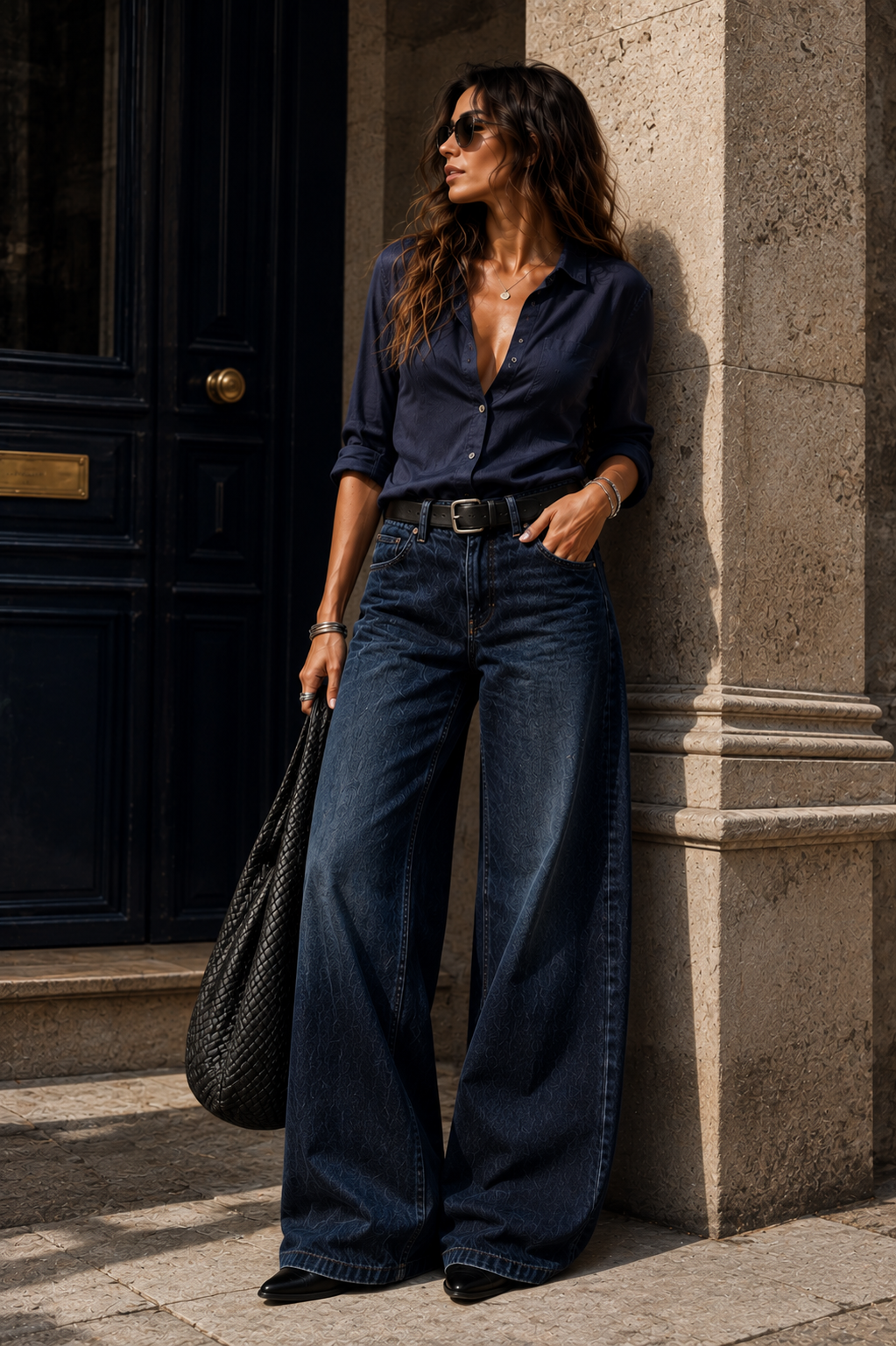 Elodie - vaquero wide-leg relajado en azul oscuro - Maniere