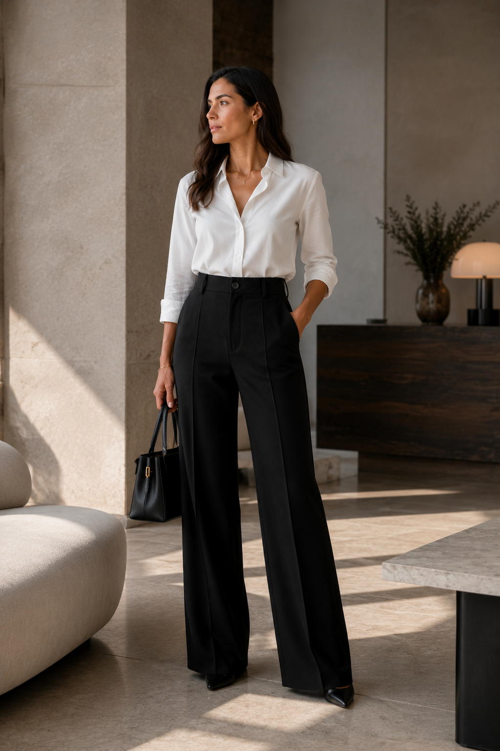 Pantalón de sastre Verena en negro, de cuerpo entero, con la pierna ancha en movimiento