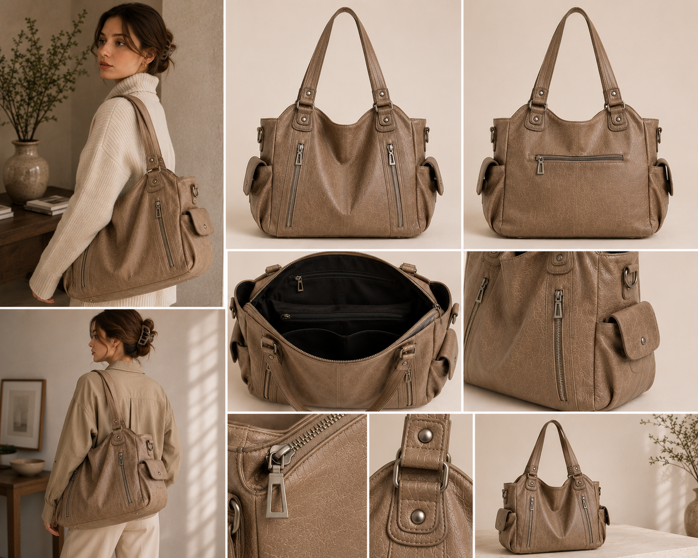 Greta - bolso tote con bolsillos en marrón claro - Maniere