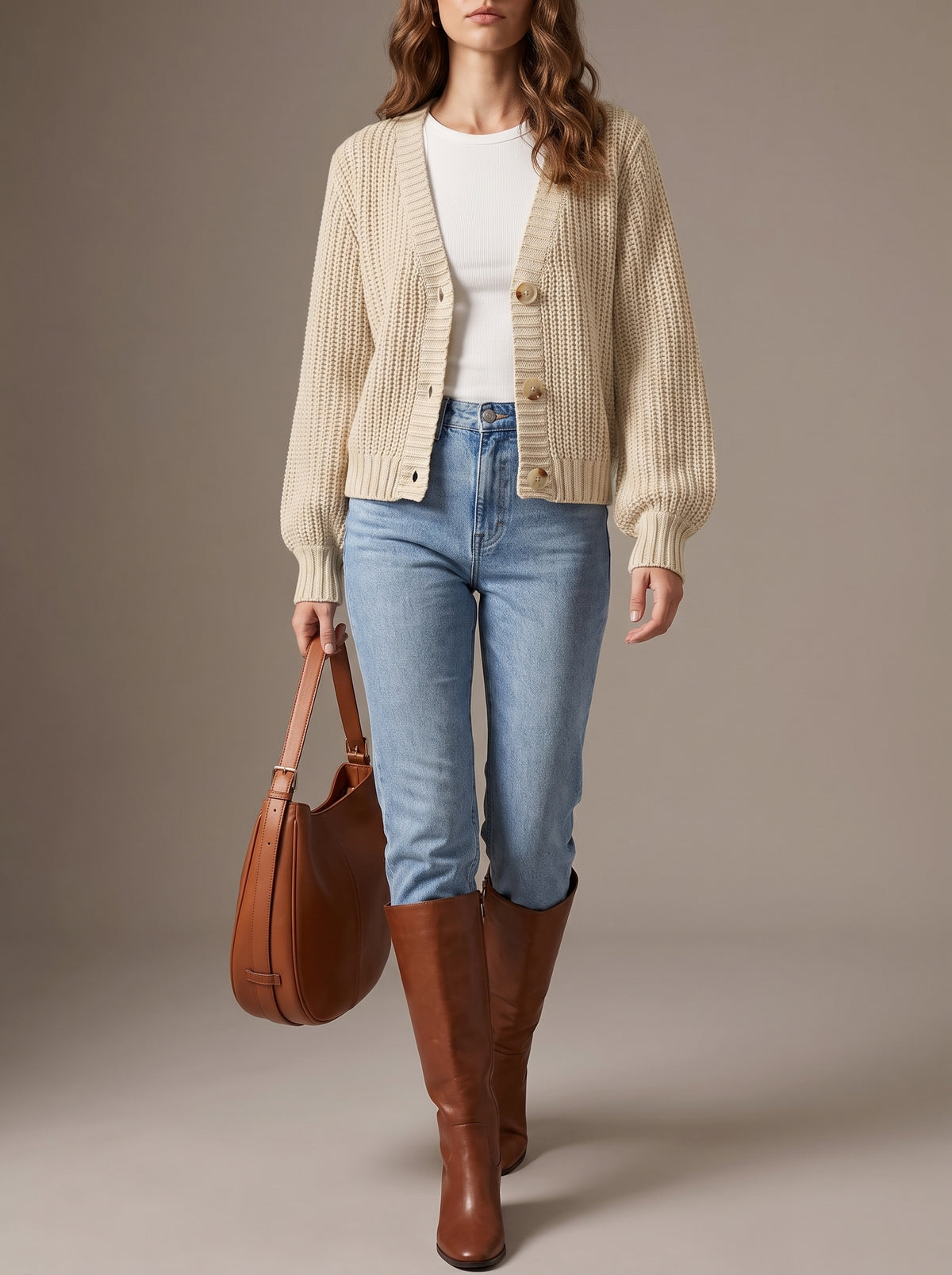 Modelo caminando con la chaqueta de punto Adela en beige, vaqueros y botas marrones