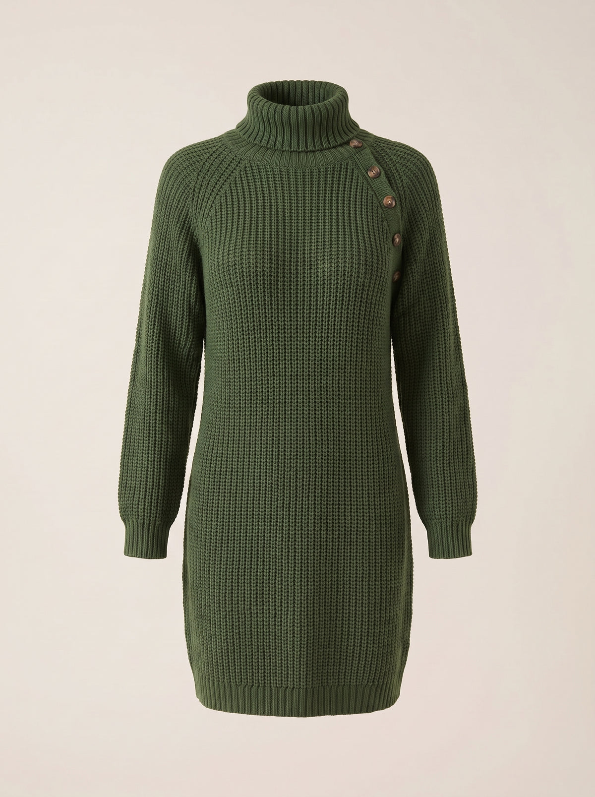 Vestido jersey de cuello alto Alba en verde militar, la prenda sola con botones en el hombro