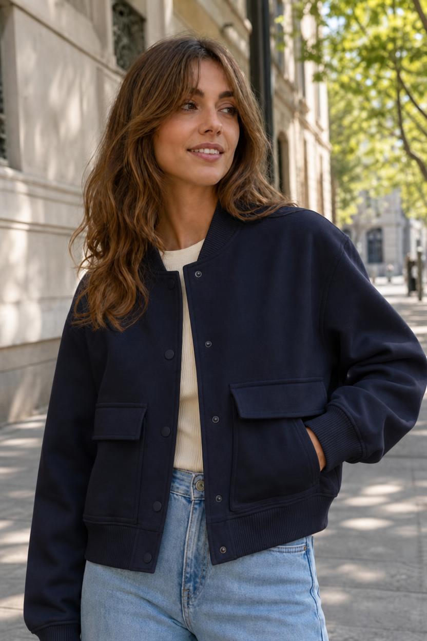 Chaqueta bomber corta Ariana en azul marino, con bolsillos de parche y cuello de canalé