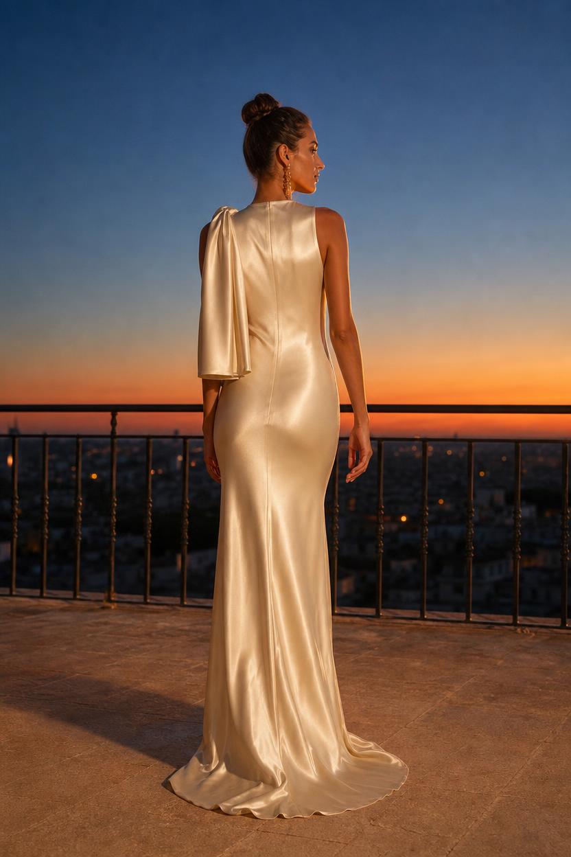 Vestido largo Maisie visto de espaldas, con el lazo cayendo por detrás y la cola
