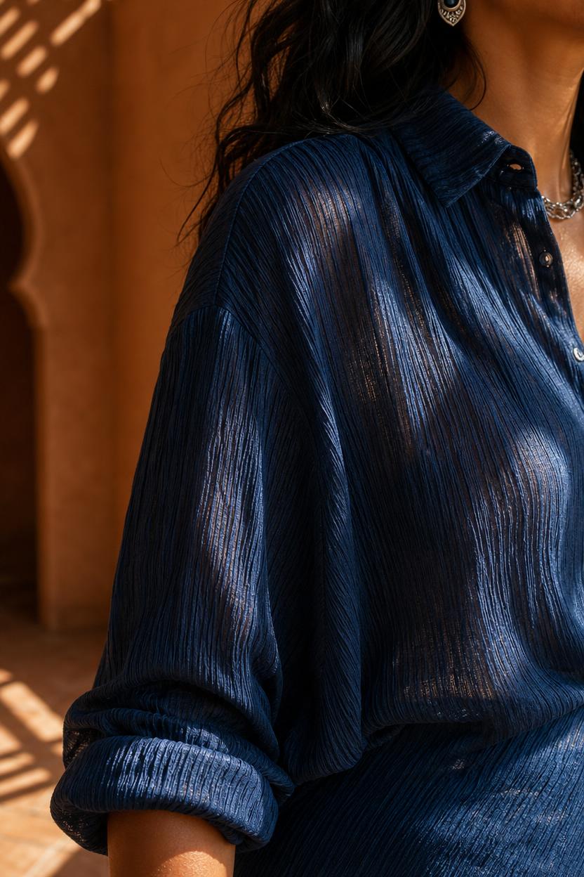 Detalle del tejido del conjunto Selena: gasa de arrugas verticales con brillo satinado, ligeramente transparente
