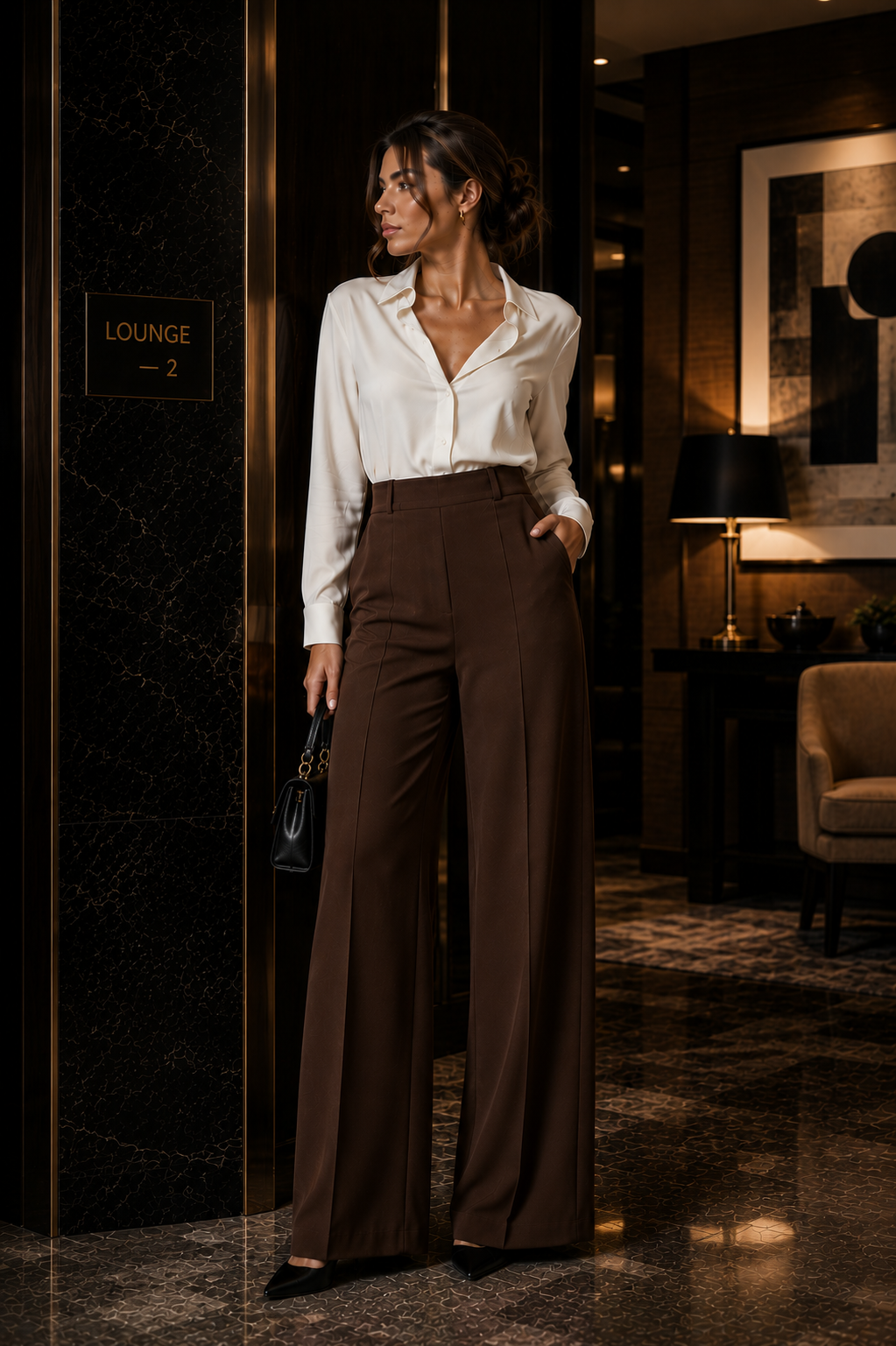 Valmonti - pantalón wide-leg de talle alto en marrón - Maniere
