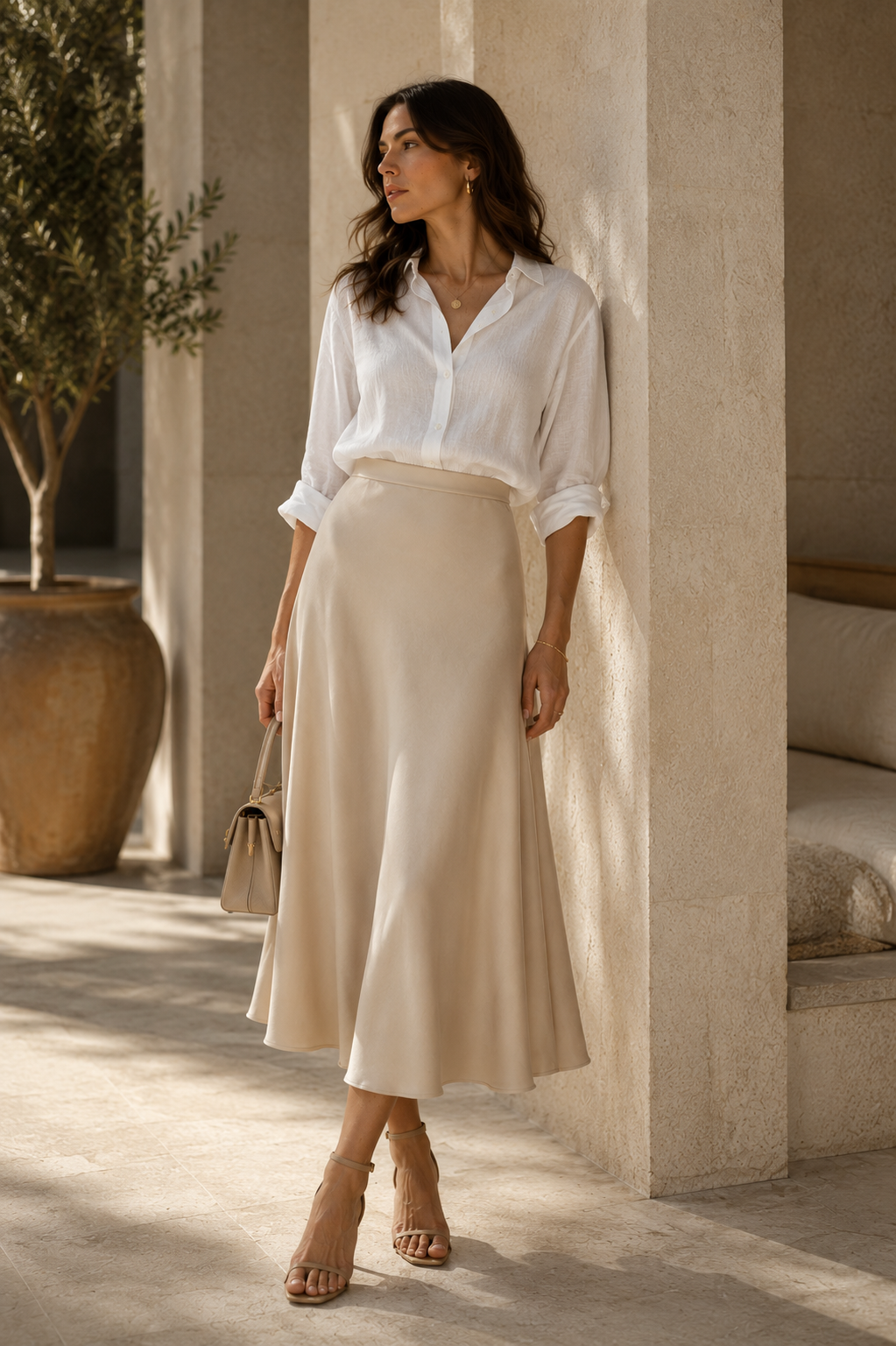 Avery - falda midi de línea a en beige - Maniere