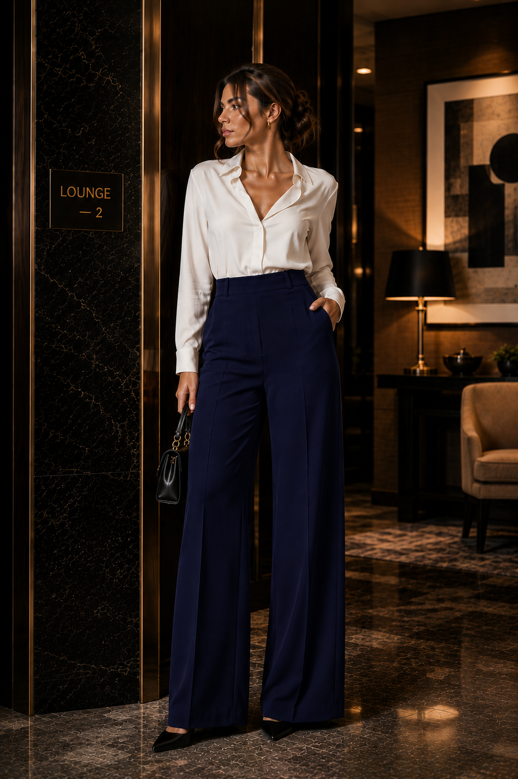 Valmonti - pantalón wide-leg de talle alto en azul marino - Maniere
