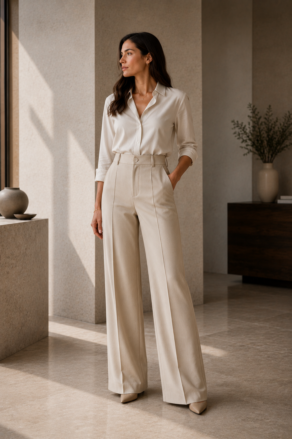 Pantalón de sastre Verena en beige, de talle alto y pierna ancha