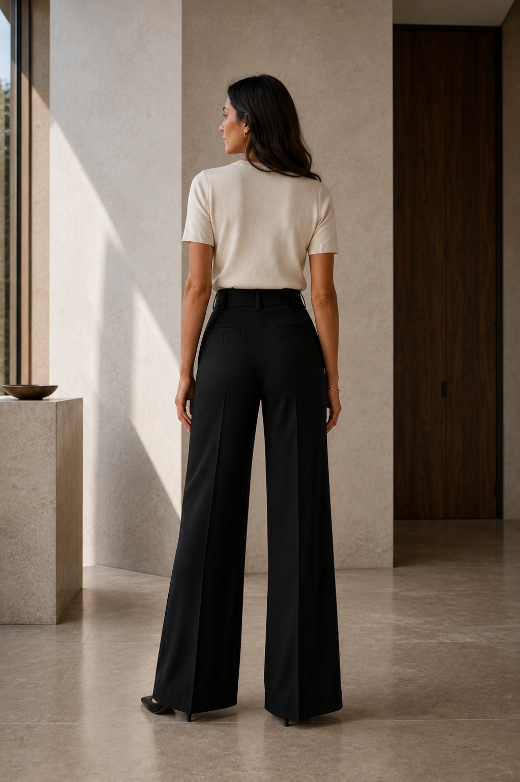 Pantalón de sastre Verena en negro visto de espaldas, con la raya planchada y los bolsillos traseros
