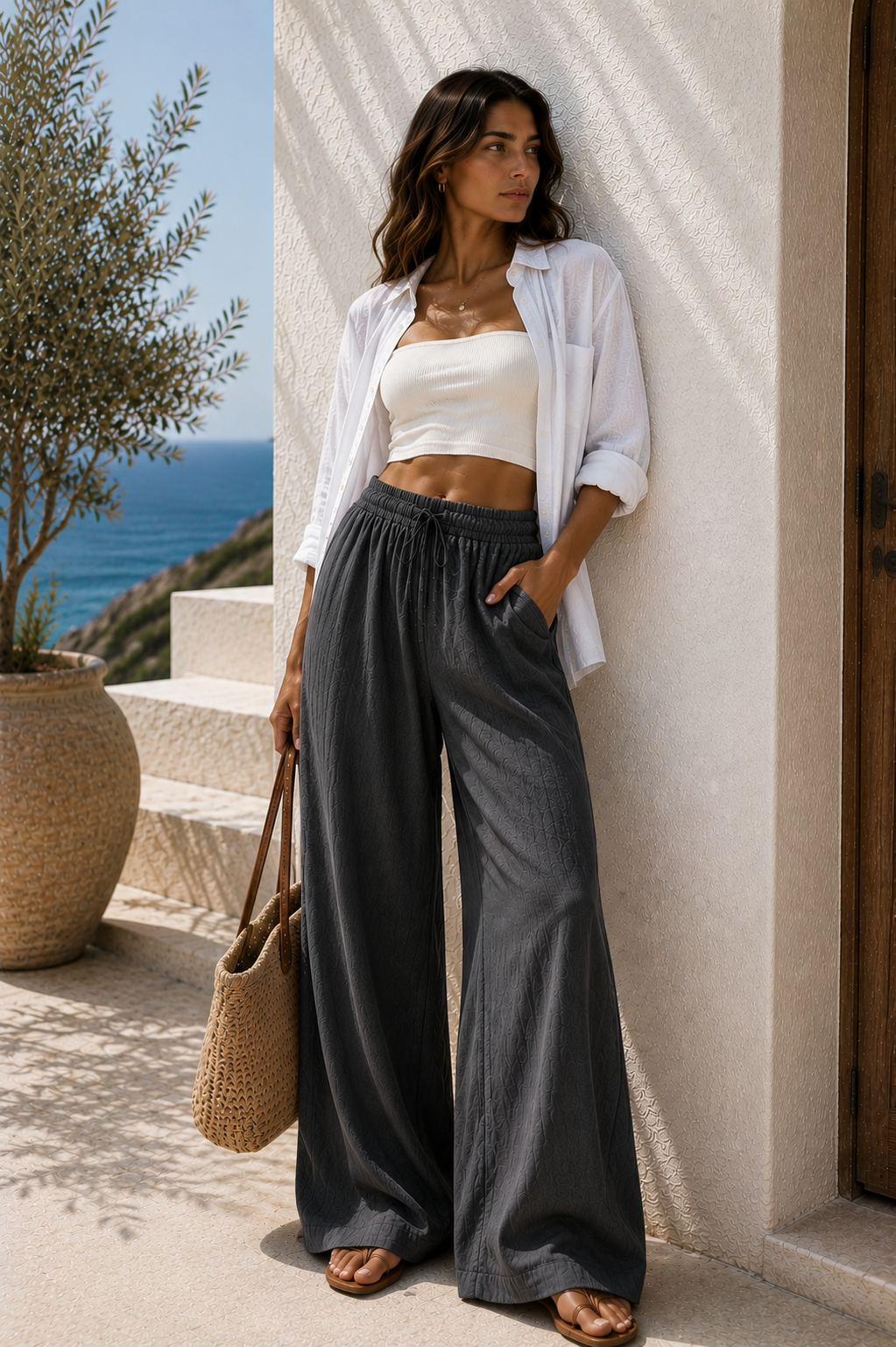 Pantalón wide-leg Liana de lino en gris oscuro, de cuerpo entero