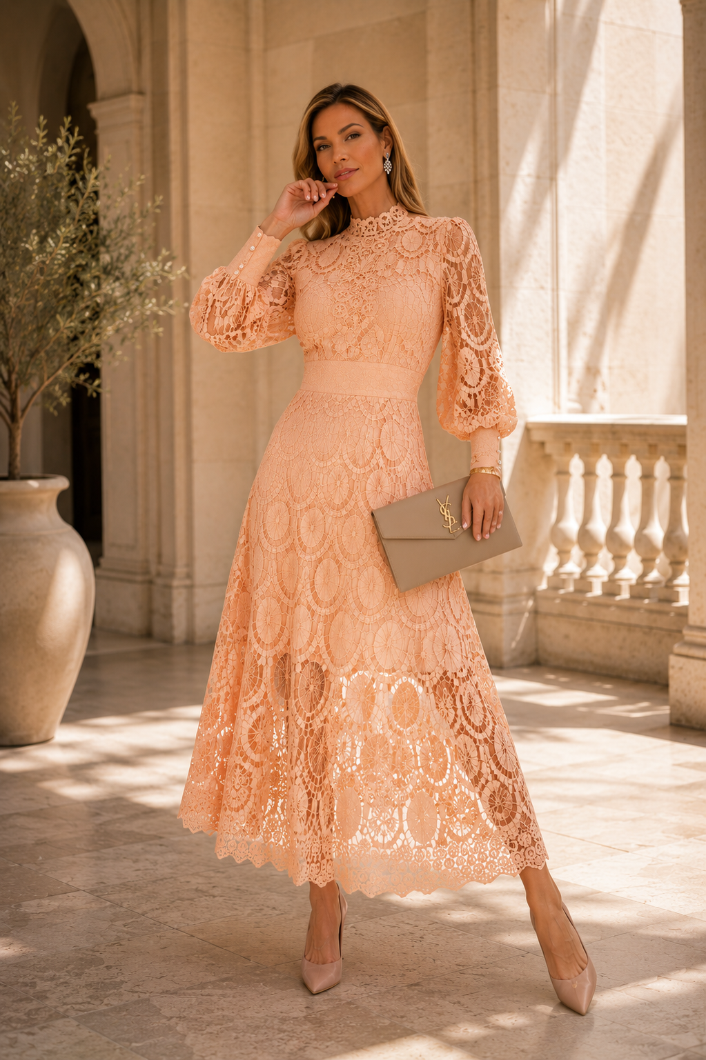 Elowen - vestido midi de encaje en albaricoque - Maniere