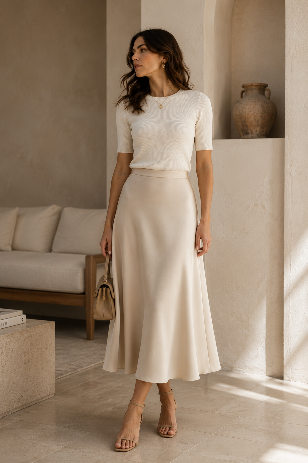 Avery - falda midi de línea a en beige - Maniere