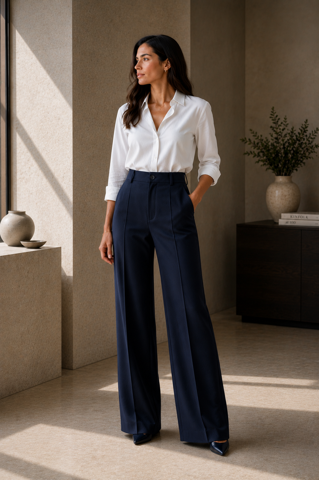Pantalón de sastre Verena en azul marino, de talle alto y pierna ancha