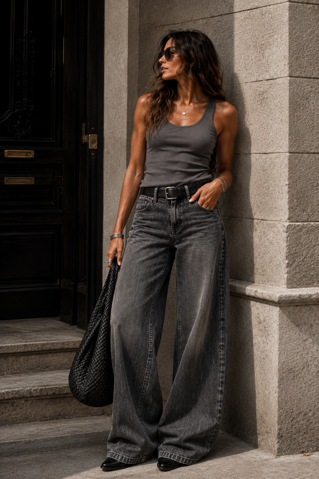 Elodie - vaquero wide-leg relajado en gris oscuro - Maniere