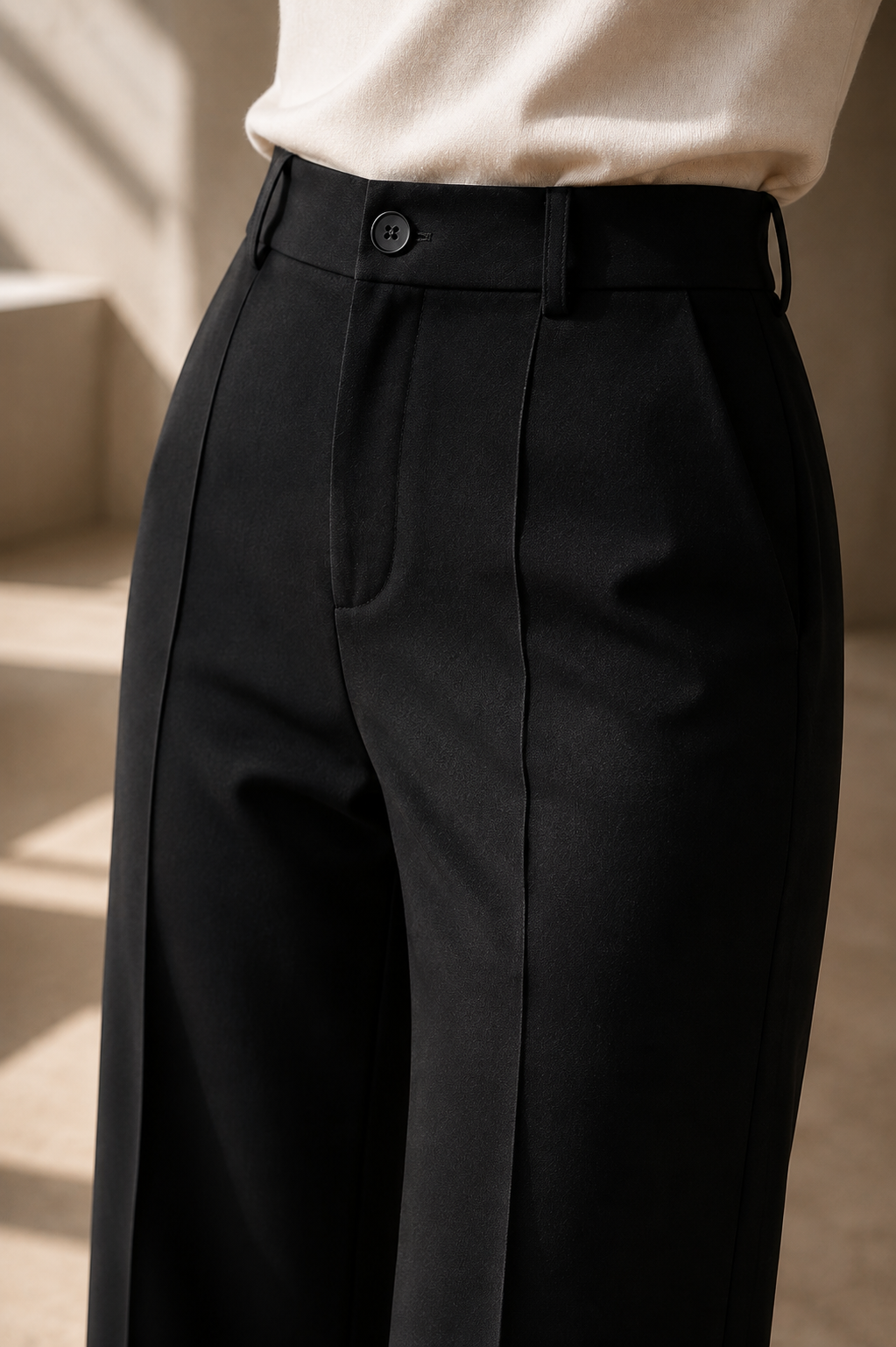 Detalle de la cinturilla del pantalón Verena: talle alto, presillas, botón y bolsillo lateral