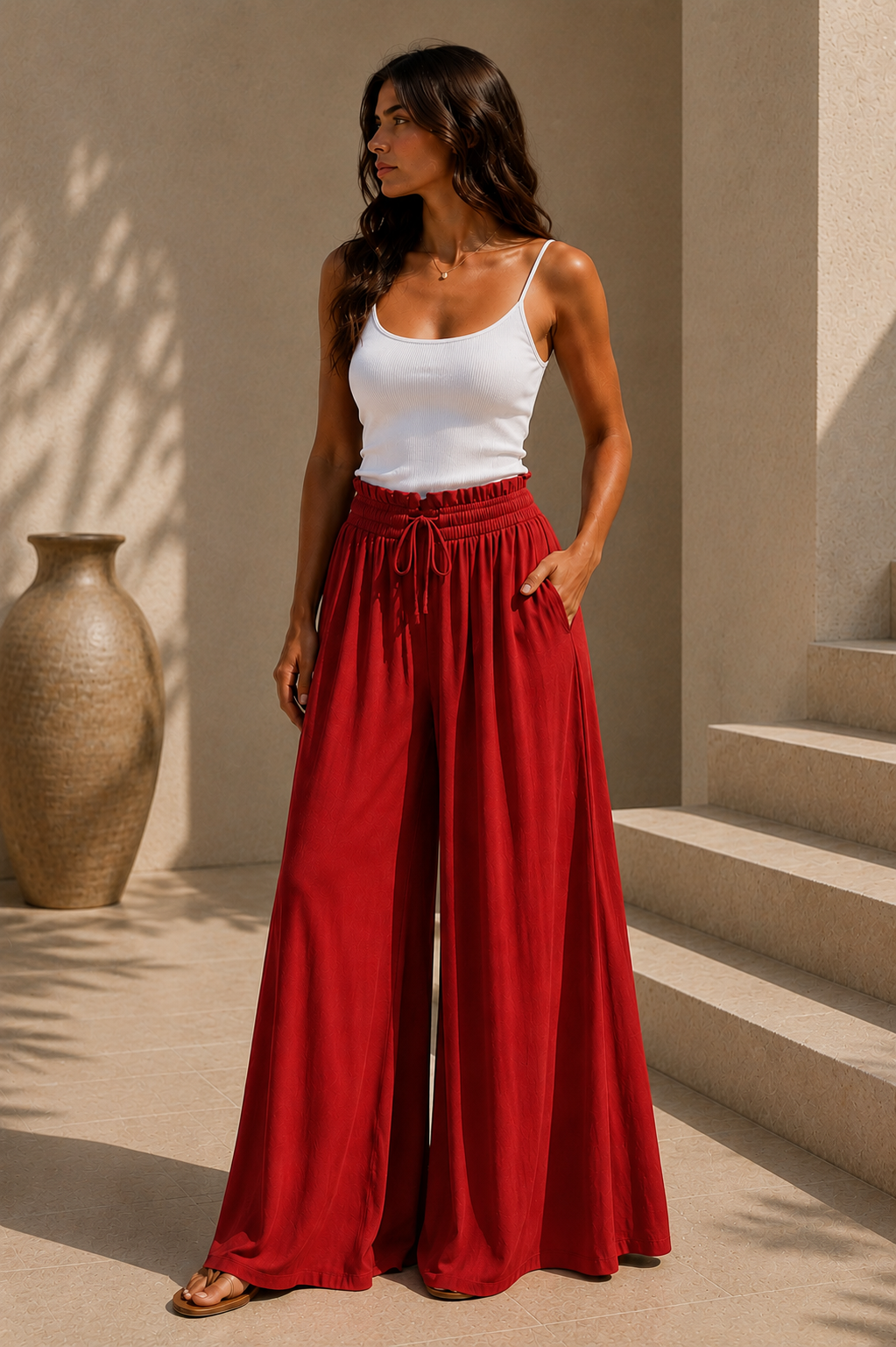 Pantalón Terra wide-leg en rojo, de cuerpo entero, con camiseta de tirantes blanca