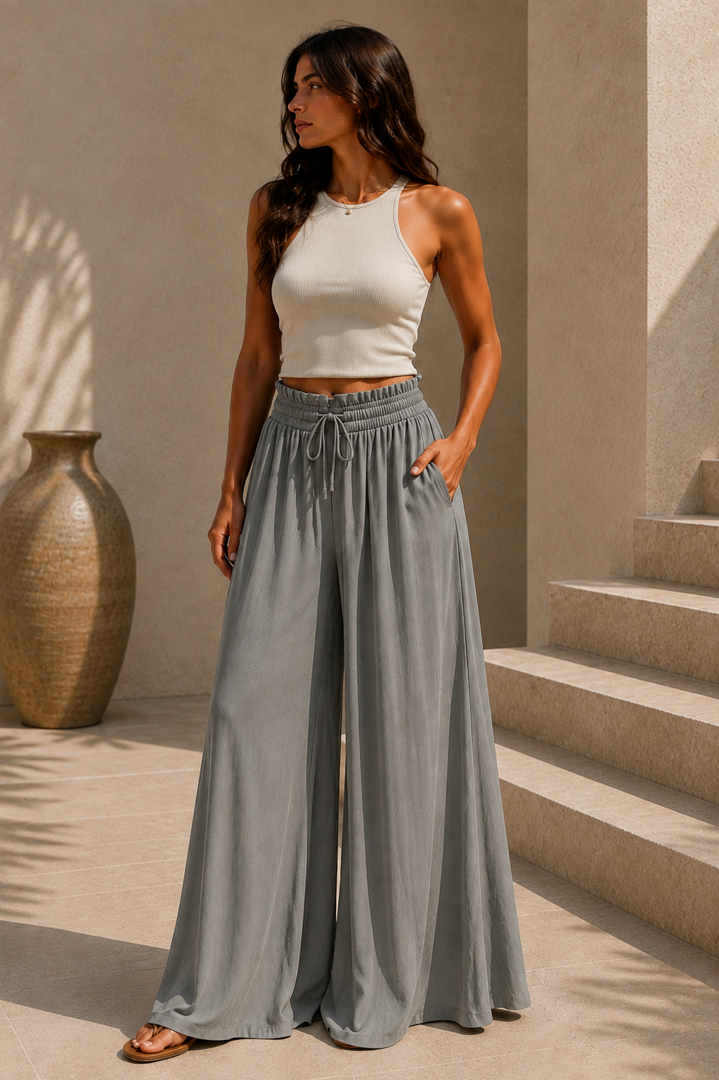 Pantalón Terra wide-leg en gris, de cuerpo entero, con top halter crudo