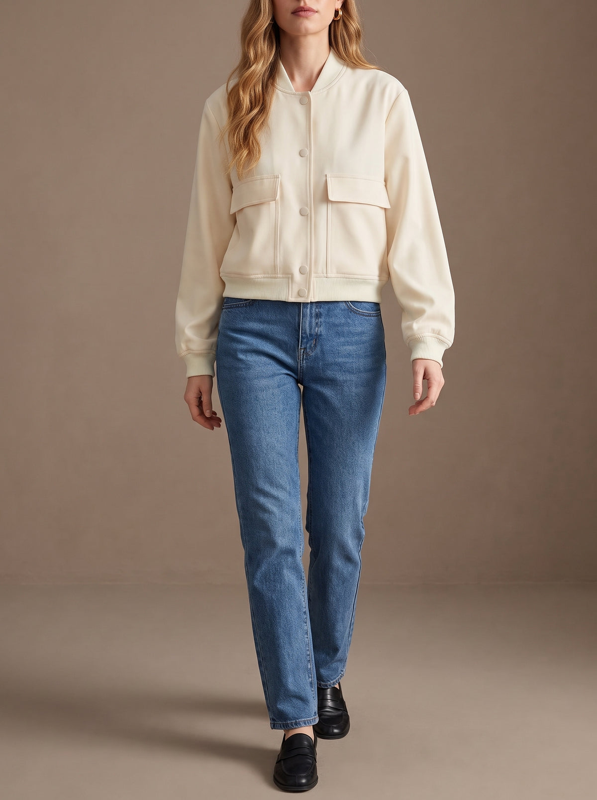 Modelo caminando con la chaqueta bomber corta Ariana en crema y vaquero recto