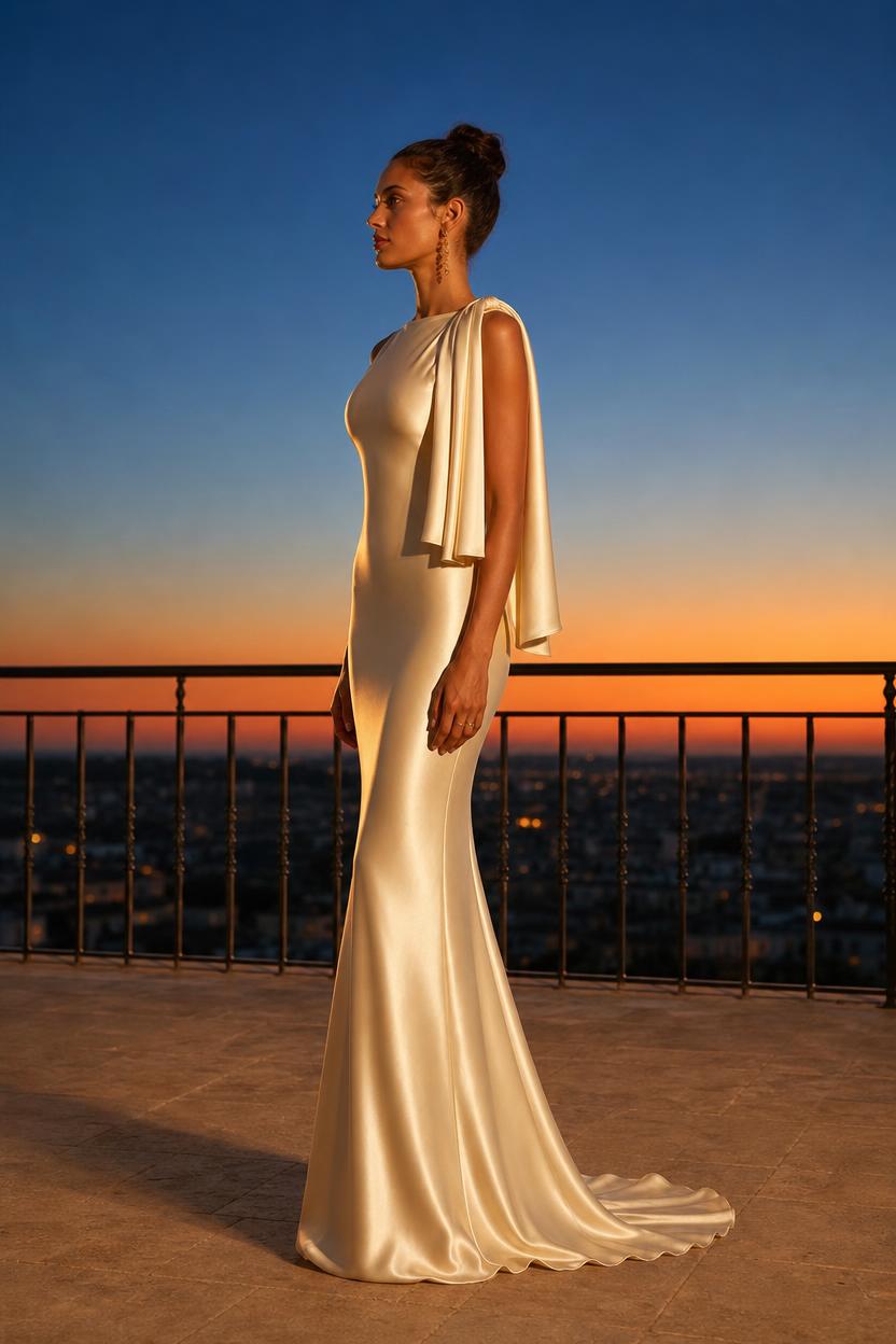 Vestido largo Maisie de perfil, con la silueta de sirena ceñida desde el pecho a la rodilla