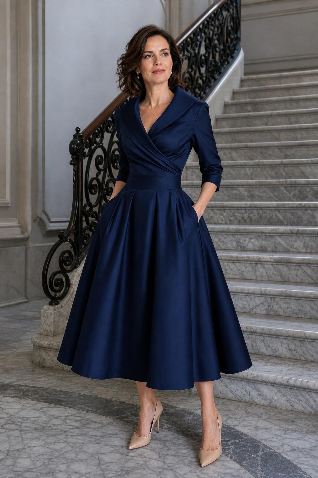 Vestido midi Marley Quinn en azul marino, con cuello de solapa y falda de tablas, con las manos en los bolsillos