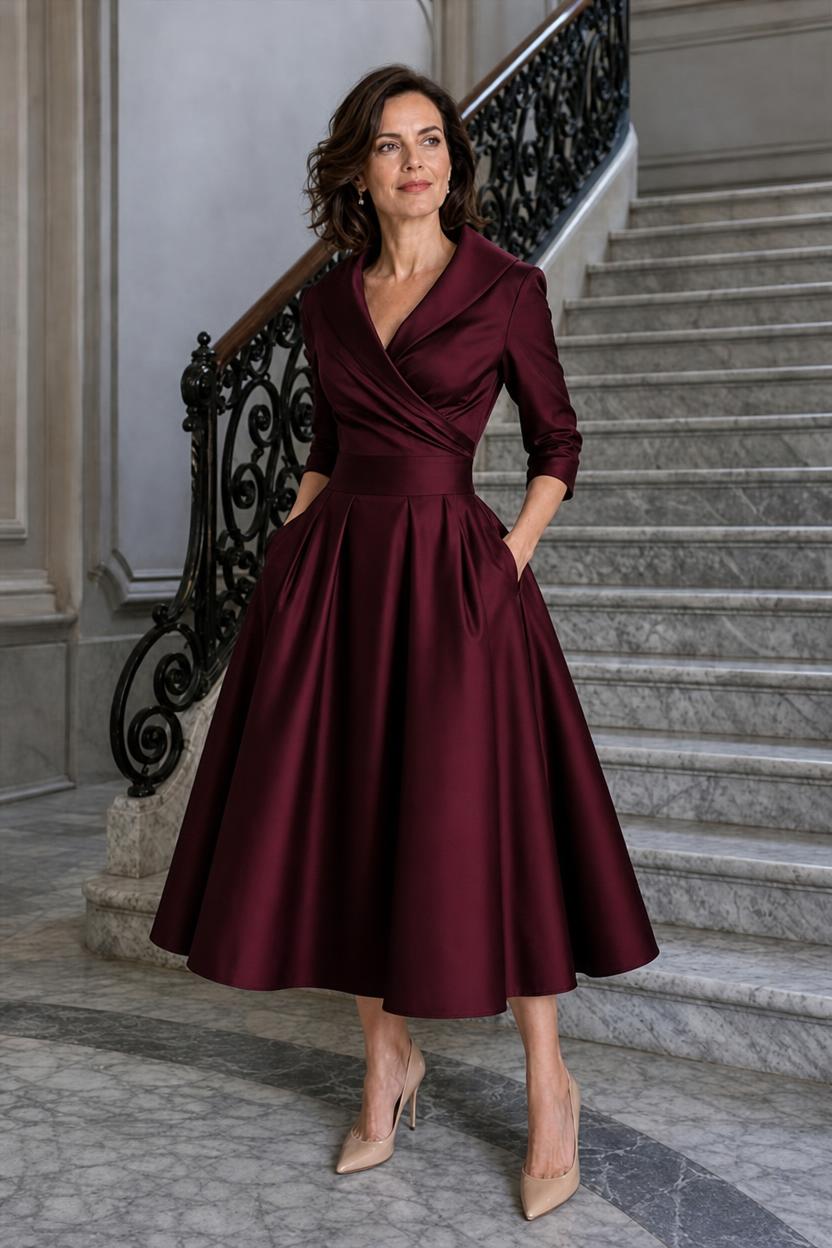 Vestido midi Marley Quinn en burdeos, con cuello de solapa y falda de tablas con vuelo