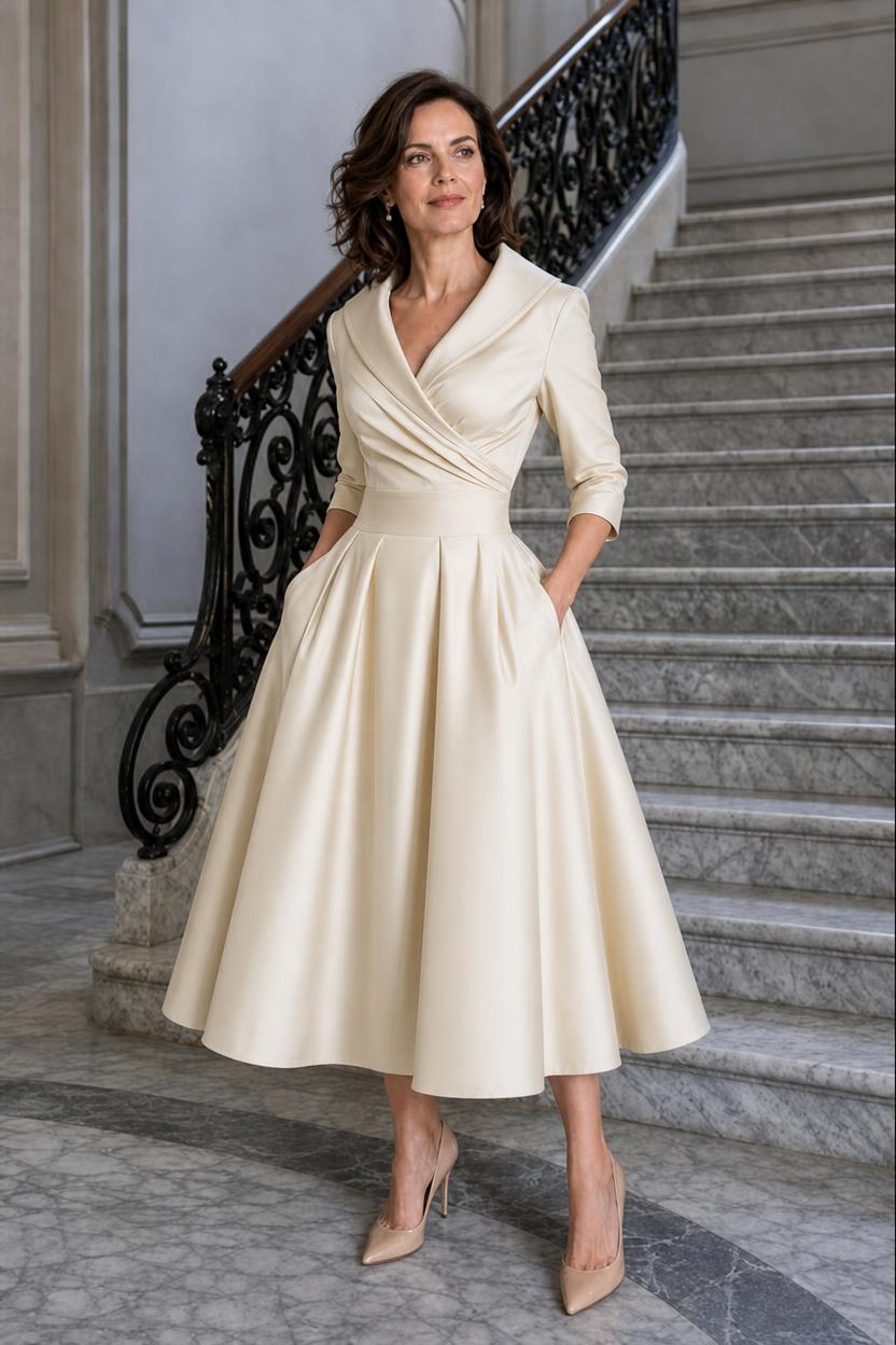 Vestido midi Marley Quinn en crema, con cuello de solapa y falda de tablas con vuelo