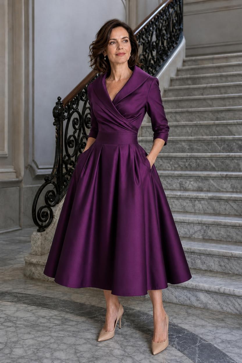 Vestido midi Marley Quinn en morado, con cuello de solapa y falda de tablas con vuelo