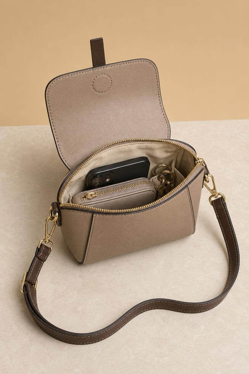 Interior del bolso Olli abierto, con un móvil, unas llaves y una cartera pequeña dentro