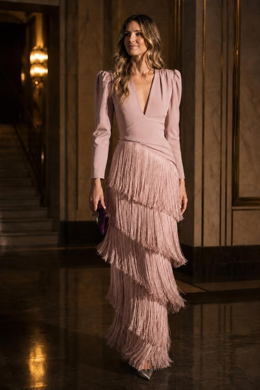 Vestido largo Zelda en rosa palo, con falda de flecos en capas